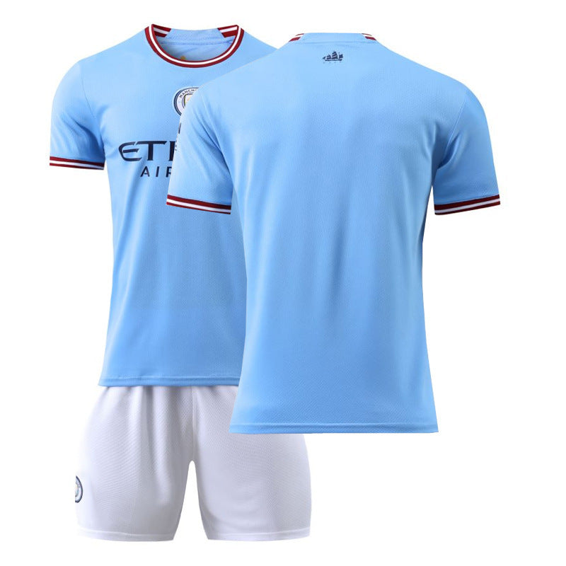 Summer Children's Football Suit Set Short Sleeve Men's Outdoor Adult Running Sports Quick Dry Manchester Jersey Women's Blue
