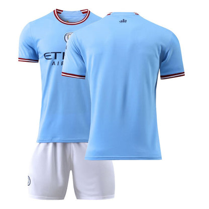 Summer Children's Football Suit Set Short Sleeve Men's Outdoor Adult Running Sports Quick Dry Manchester Jersey Women's Blue