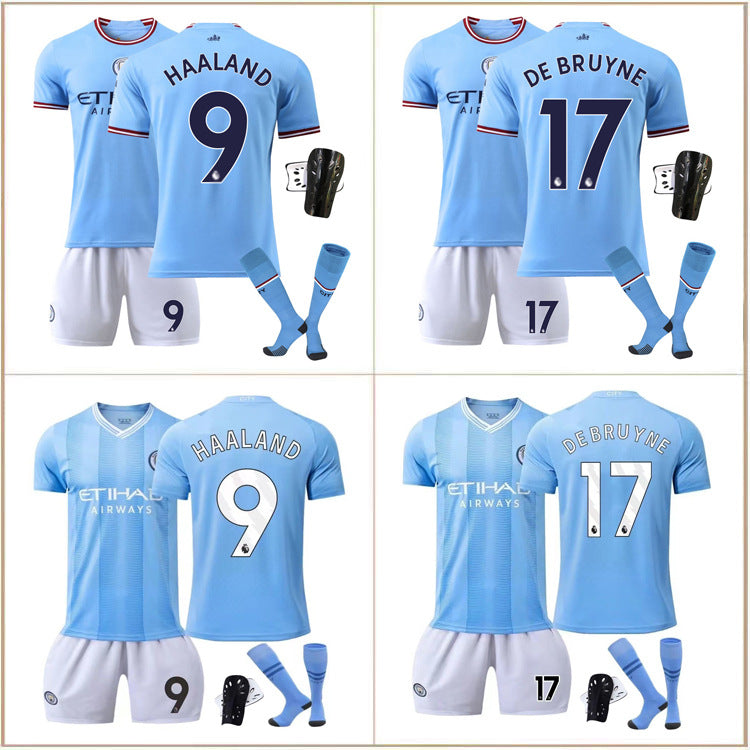 Summer Children's Football Suit Set Short Sleeve Men's Outdoor Adult Running Sports Quick Dry Manchester Jersey Women's Blue
