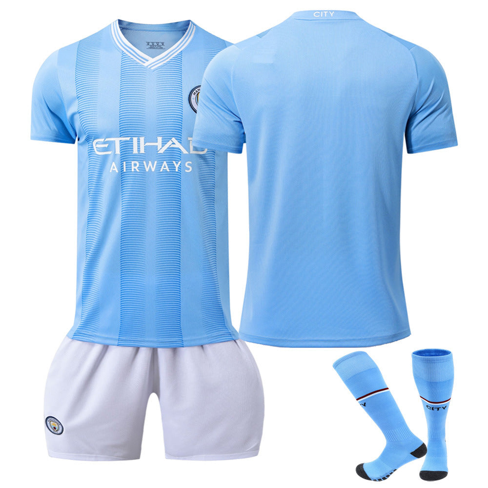 Summer Children's Football Suit Set Short Sleeve Men's Outdoor Adult Running Sports Quick Dry Manchester Jersey Women's Blue