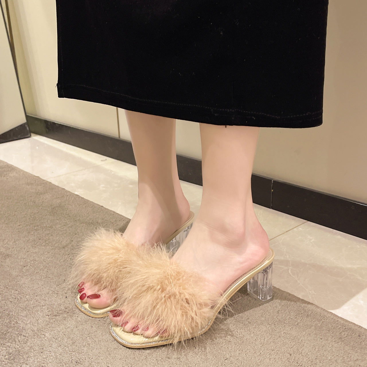 One-word Crystal Thick Heel With Skirt French High Heels - CHRISTDEST GLOBAL SERVICE