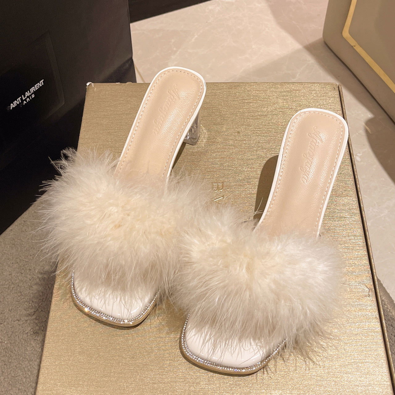 One-word Crystal Thick Heel With Skirt French High Heels - CHRISTDEST GLOBAL SERVICE
