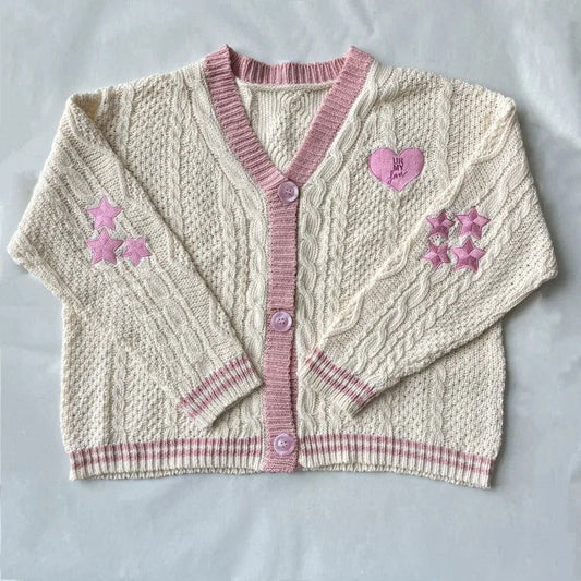 Pink Lover Cardigan Women Autumn Winter Heart Shaped Embroidery Cardigans Female Loose Fit V-neck Knitted Sweater Oversized Tops - CHRISTDEST GLOBAL SERVICE