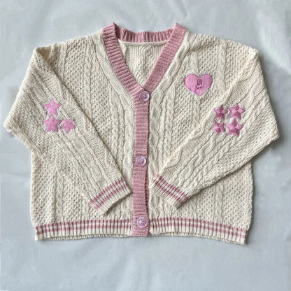 Pink Lover Cardigan Women Autumn Winter Heart Shaped Embroidery Cardigans Female Loose Fit V-neck Knitted Sweater Oversized Tops - CHRISTDEST GLOBAL SERVICE