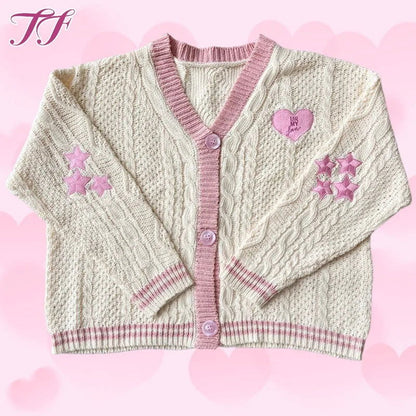 Pink Lover Cardigan Women Autumn Winter Heart Shaped Embroidery Cardigans Female Loose Fit V-neck Knitted Sweater Oversized Tops - CHRISTDEST GLOBAL SERVICE