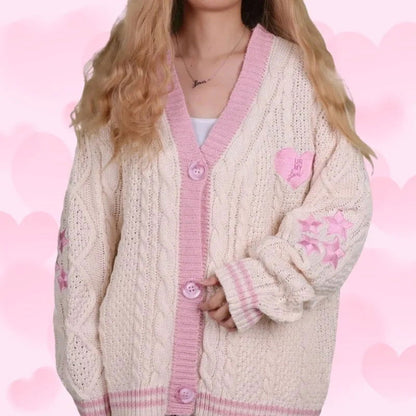 Pink Lover Cardigan Women Autumn Winter Heart Shaped Embroidery Cardigans Female Loose Fit V-neck Knitted Sweater Oversized Tops - CHRISTDEST GLOBAL SERVICE