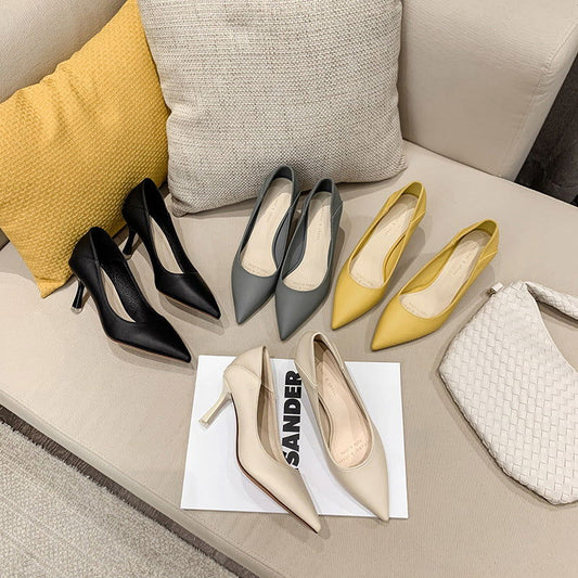 Pointed Toe Nude High Heels Soft Leather Solid Color Ladies - CHRISTDEST GLOBAL SERVICE