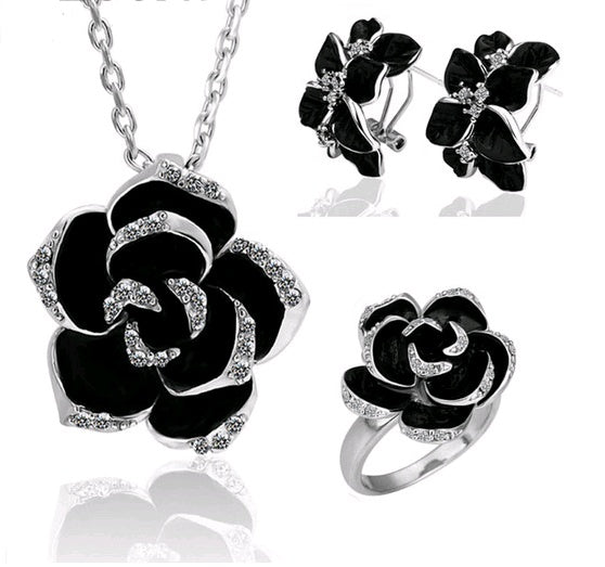 Popular jewelry camellia earrings necklace ring three-piece - CHRISTDEST GLOBAL SERVICE