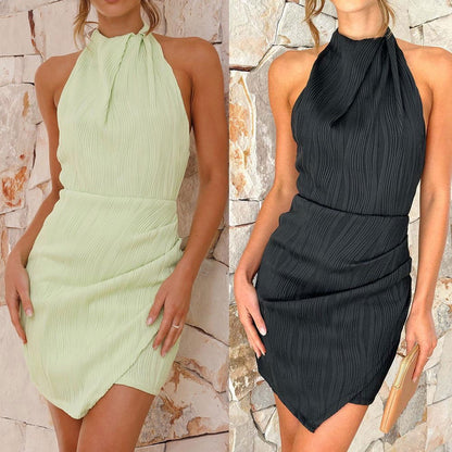 Pure Color Halter Sleeveless Backless Irregular Dress - CHRISTDEST GLOBAL SERVICE