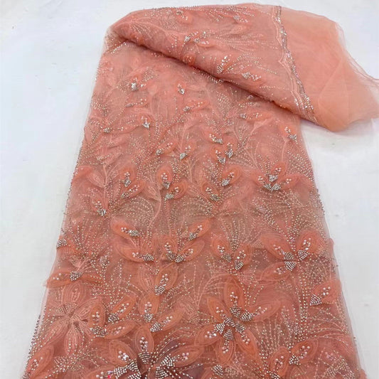 Ribbon Flower Beaded Tulle Lace Fabric Cocktail Party Occasion Evening Dress Embroidered Cloth Lace - CHRISTDEST GLOBAL SERVICE