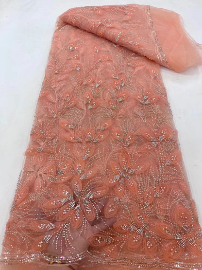 Ribbon Flower Beaded Tulle Lace Fabric Cocktail Party Occasion Evening Dress Embroidered Cloth Lace - CHRISTDEST GLOBAL SERVICE