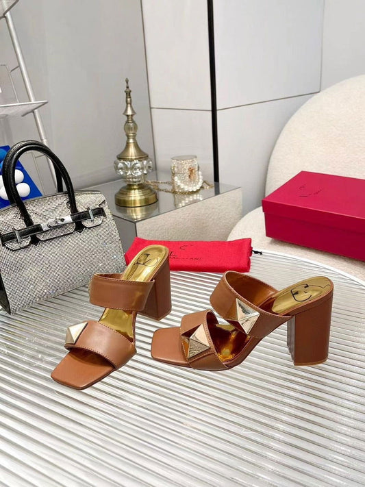 Riveted genuine leather sandals, women's summer thick heel, one line strap, runway style sandals, slippers - CHRISTDEST GLOBAL SERVICE