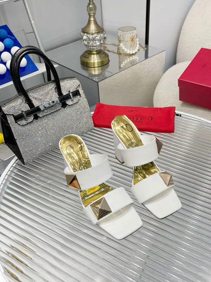 Riveted genuine leather sandals, women's summer thick heel, one line strap, runway style sandals, slippers - CHRISTDEST GLOBAL SERVICE