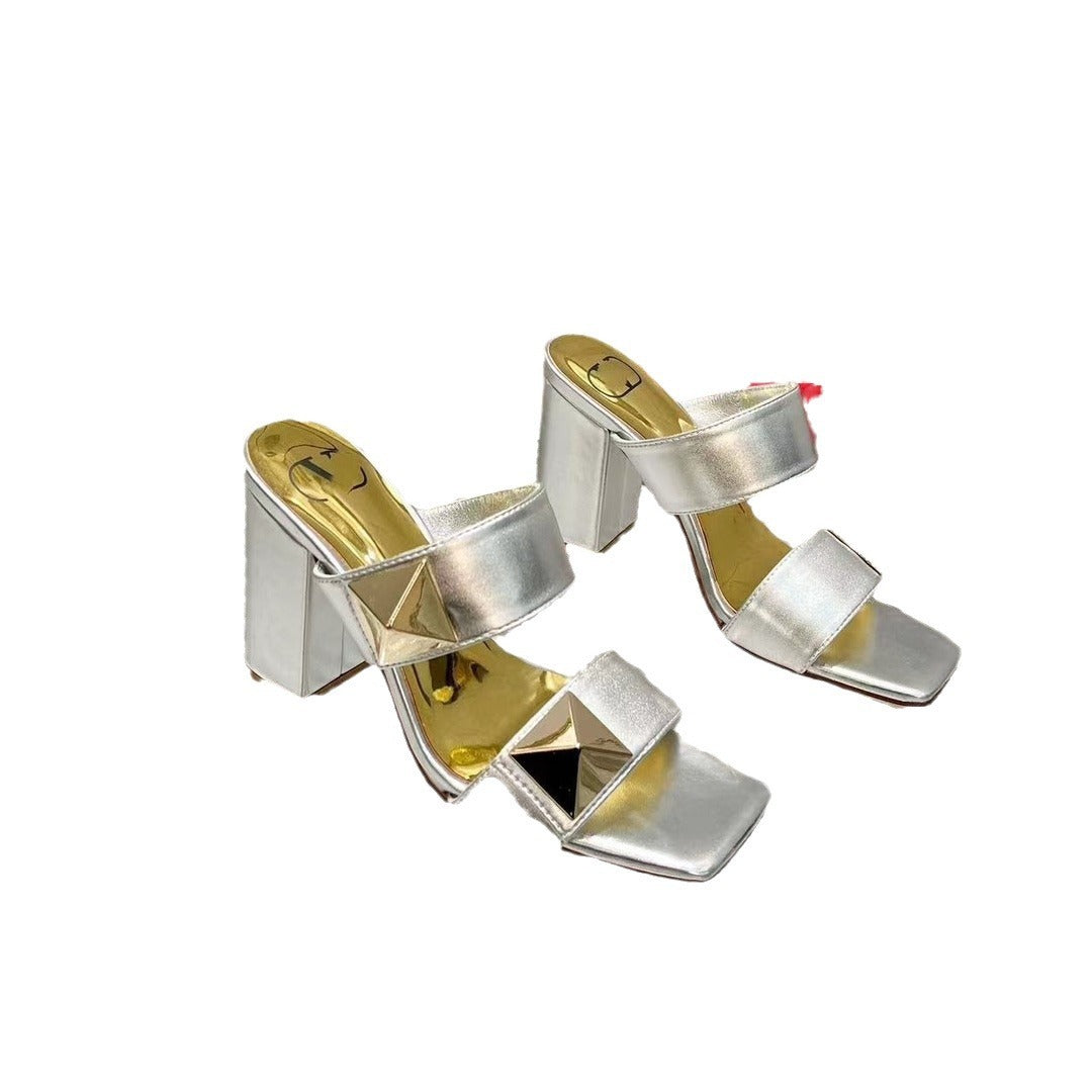 Riveted genuine leather sandals, women's summer thick heel, one line strap, runway style sandals, slippers - CHRISTDEST GLOBAL SERVICE