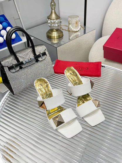 Riveted genuine leather sandals, women's summer thick heel, one line strap, runway style sandals, slippers - CHRISTDEST GLOBAL SERVICE