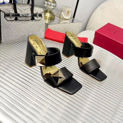 Riveted genuine leather sandals, women's summer thick heel, one line strap, runway style sandals, slippers - CHRISTDEST GLOBAL SERVICE
