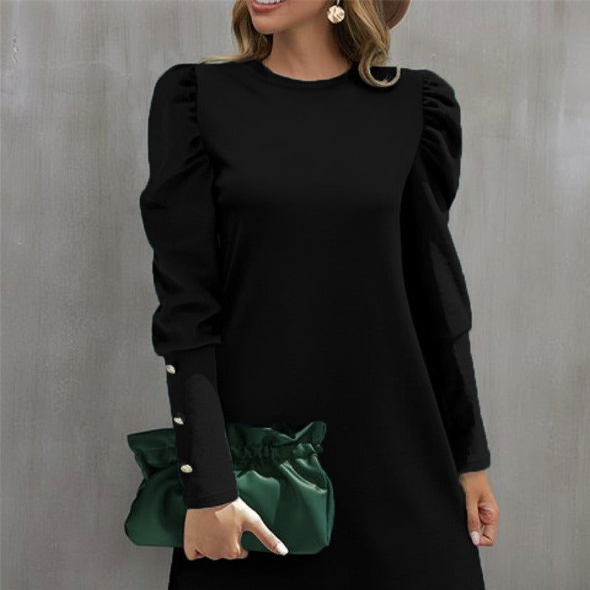 Round Neck Puff Sleeve Button Long Sleeve Top - CHRISTDEST GLOBAL SERVICE