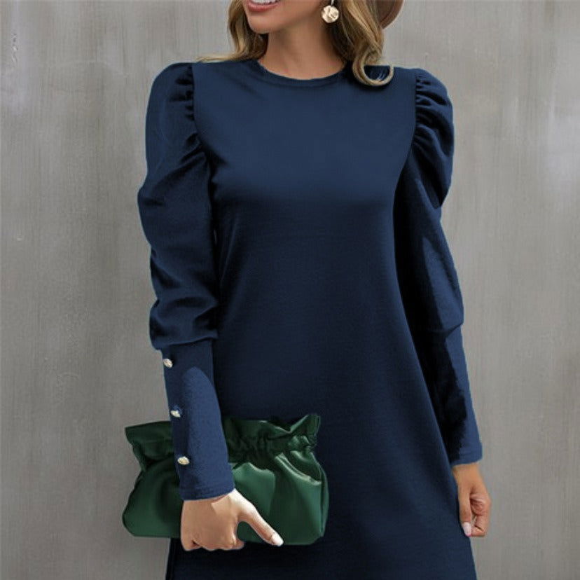 Round Neck Puff Sleeve Button Long Sleeve Top - CHRISTDEST GLOBAL SERVICE
