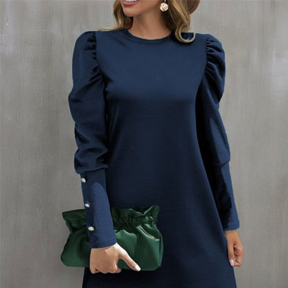 Round Neck Puff Sleeve Button Long Sleeve Top - CHRISTDEST GLOBAL SERVICE