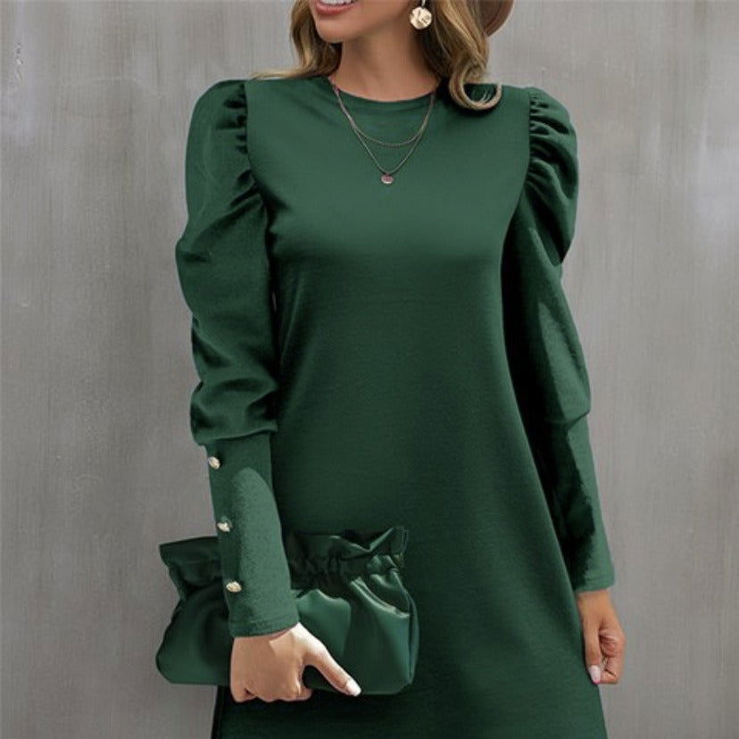 Round Neck Puff Sleeve Button Long Sleeve Top - CHRISTDEST GLOBAL SERVICE