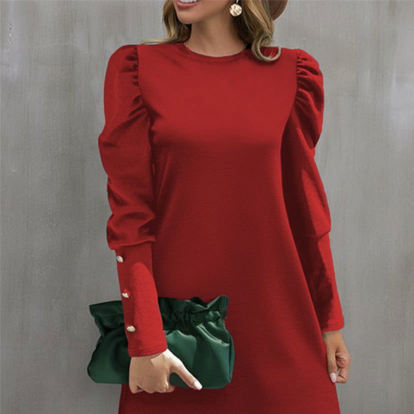 Round Neck Puff Sleeve Button Long Sleeve Top - CHRISTDEST GLOBAL SERVICE