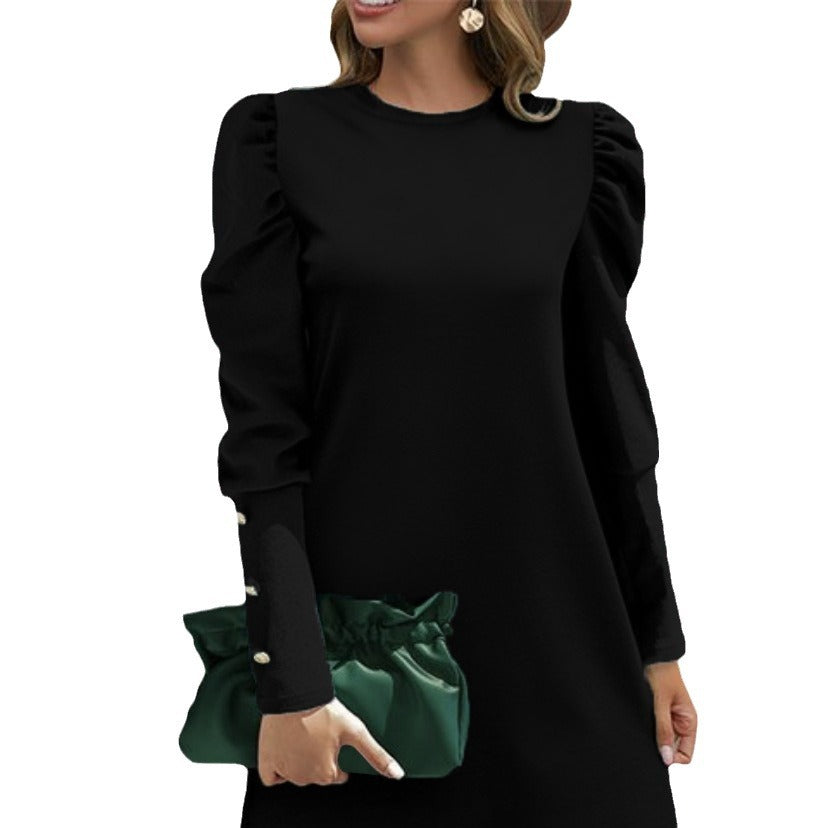 Round Neck Puff Sleeve Button Long Sleeve Top - CHRISTDEST GLOBAL SERVICE