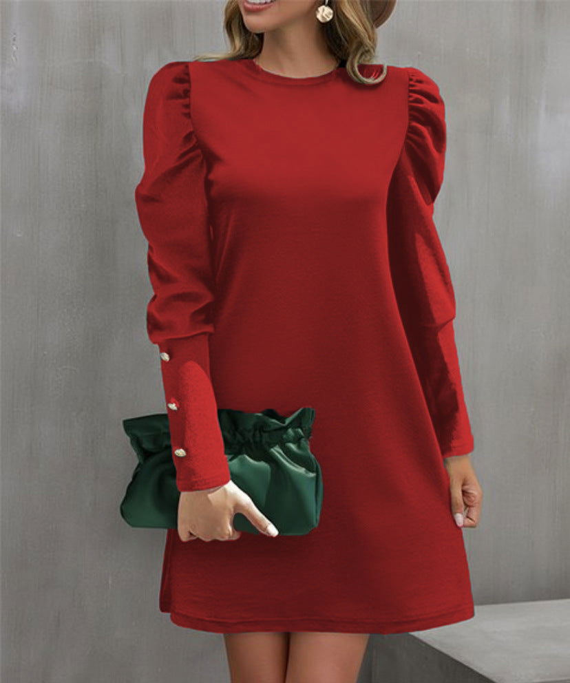 Round Neck Puff Sleeve Button Long Sleeve Top - CHRISTDEST GLOBAL SERVICE
