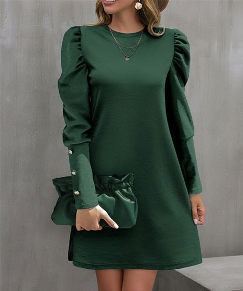 Round Neck Puff Sleeve Button Long Sleeve Top - CHRISTDEST GLOBAL SERVICE