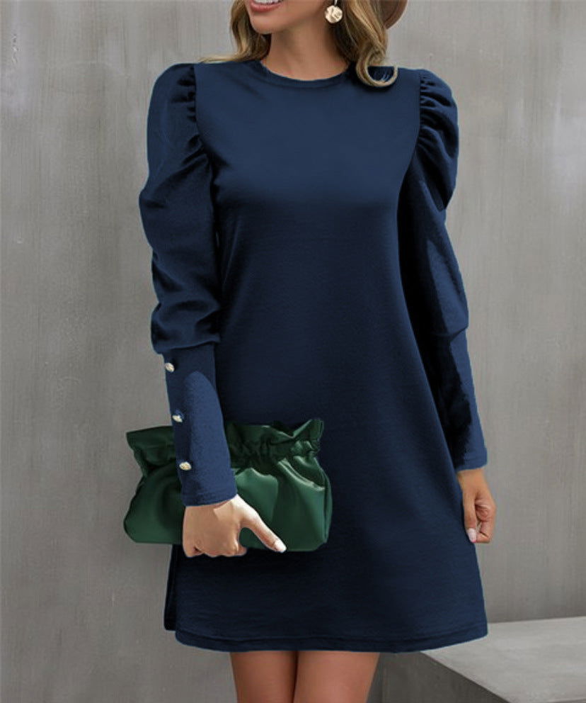 Round Neck Puff Sleeve Button Long Sleeve Top - CHRISTDEST GLOBAL SERVICE