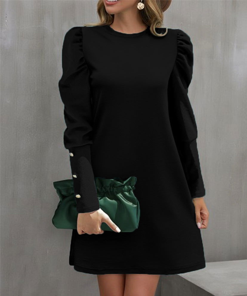 Round Neck Puff Sleeve Button Long Sleeve Top - CHRISTDEST GLOBAL SERVICE