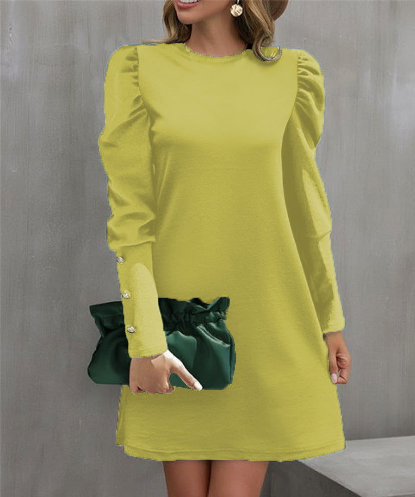 Round Neck Puff Sleeve Button Long Sleeve Top - CHRISTDEST GLOBAL SERVICE