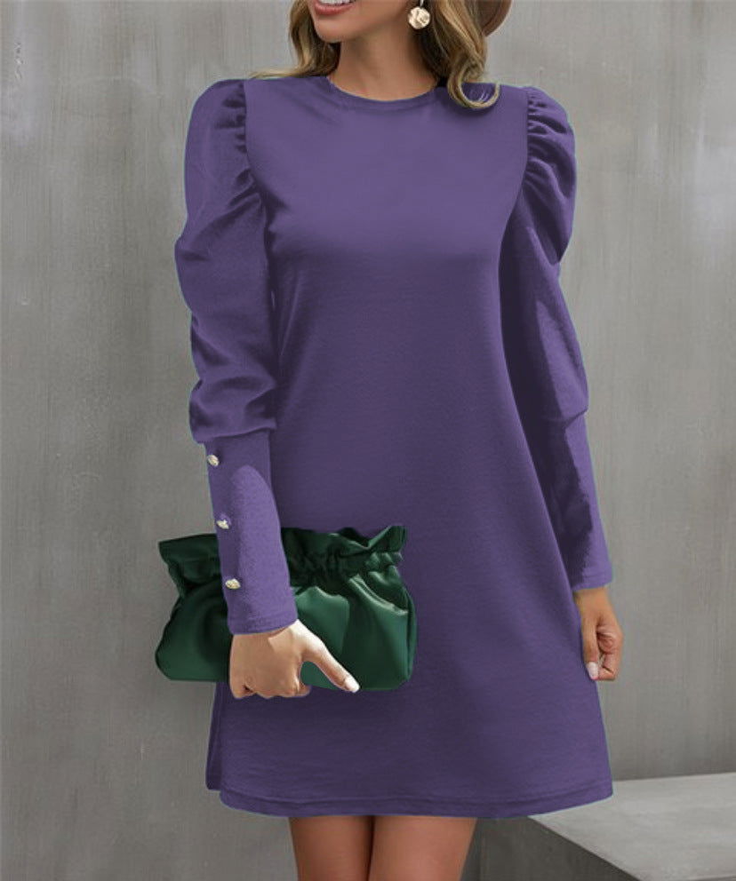 Round Neck Puff Sleeve Button Long Sleeve Top - CHRISTDEST GLOBAL SERVICE