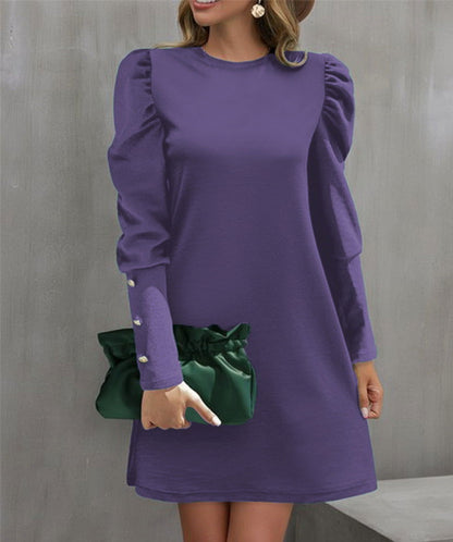 Round Neck Puff Sleeve Button Long Sleeve Top - CHRISTDEST GLOBAL SERVICE