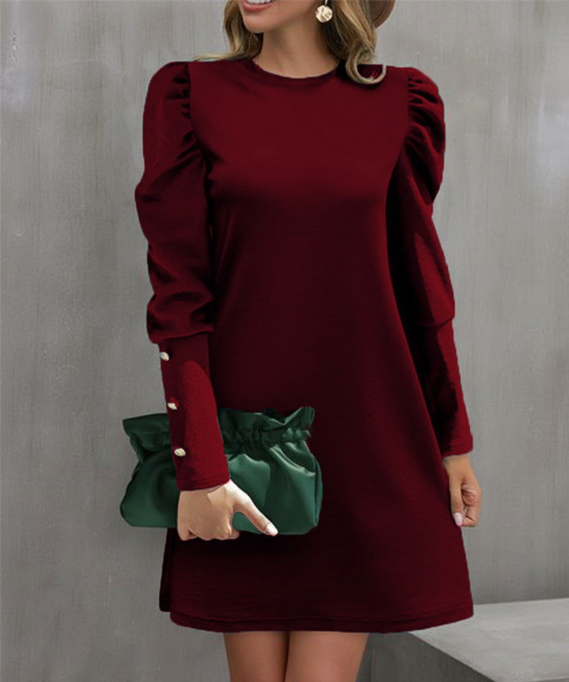 Round Neck Puff Sleeve Button Long Sleeve Top - CHRISTDEST GLOBAL SERVICE