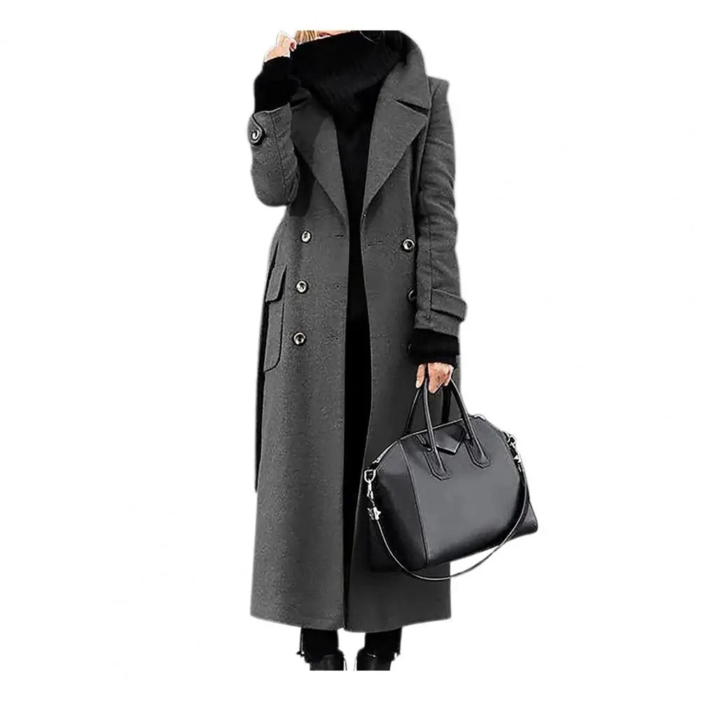 Women Woollen Overcoat Double-breasted Cardigan Mid-calf Length Long Sleeves Jacket Slim OL Formal Coat