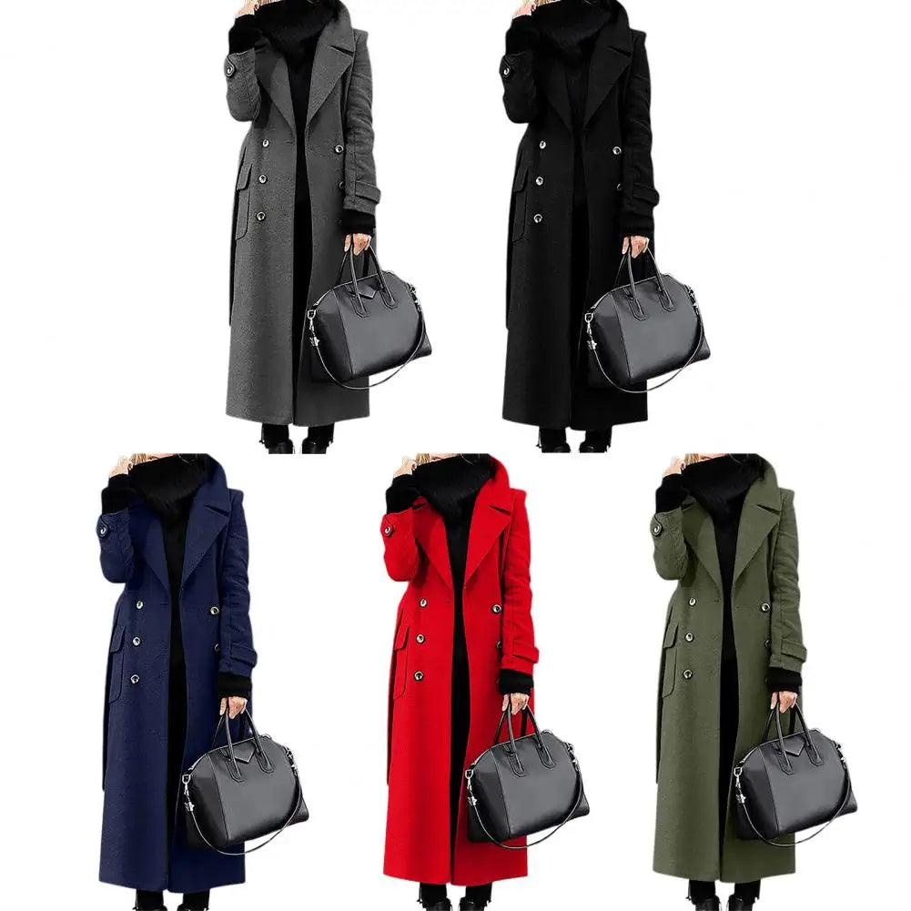 Women Woollen Overcoat Double-breasted Cardigan Mid-calf Length Long Sleeves Jacket Slim OL Formal Coat