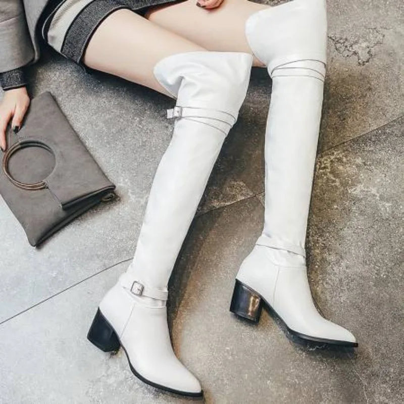 Fashion Knee High Boots Women Winter Boots Chunky Low Heel Long Boots Square Toe Buckle Autumn Female Thigh Black White 2025