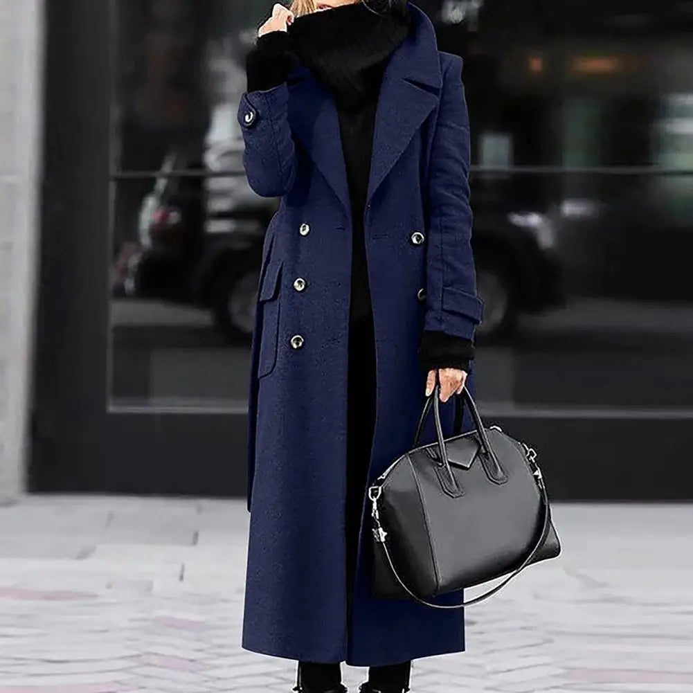 Women Woollen Overcoat Double-breasted Cardigan Mid-calf Length Long Sleeves Jacket Slim OL Formal Coat
