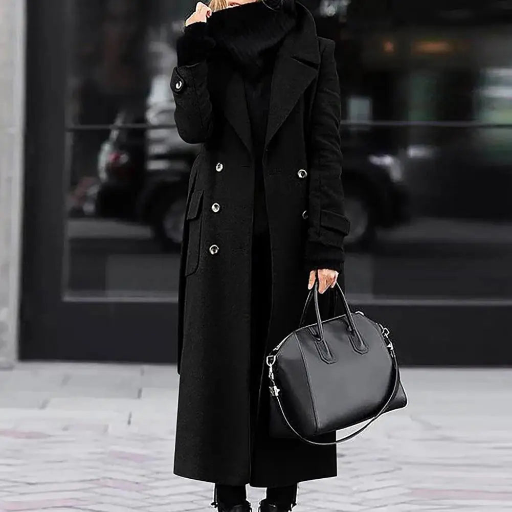 Women Woollen Overcoat Double-breasted Cardigan Mid-calf Length Long Sleeves Jacket Slim OL Formal Coat