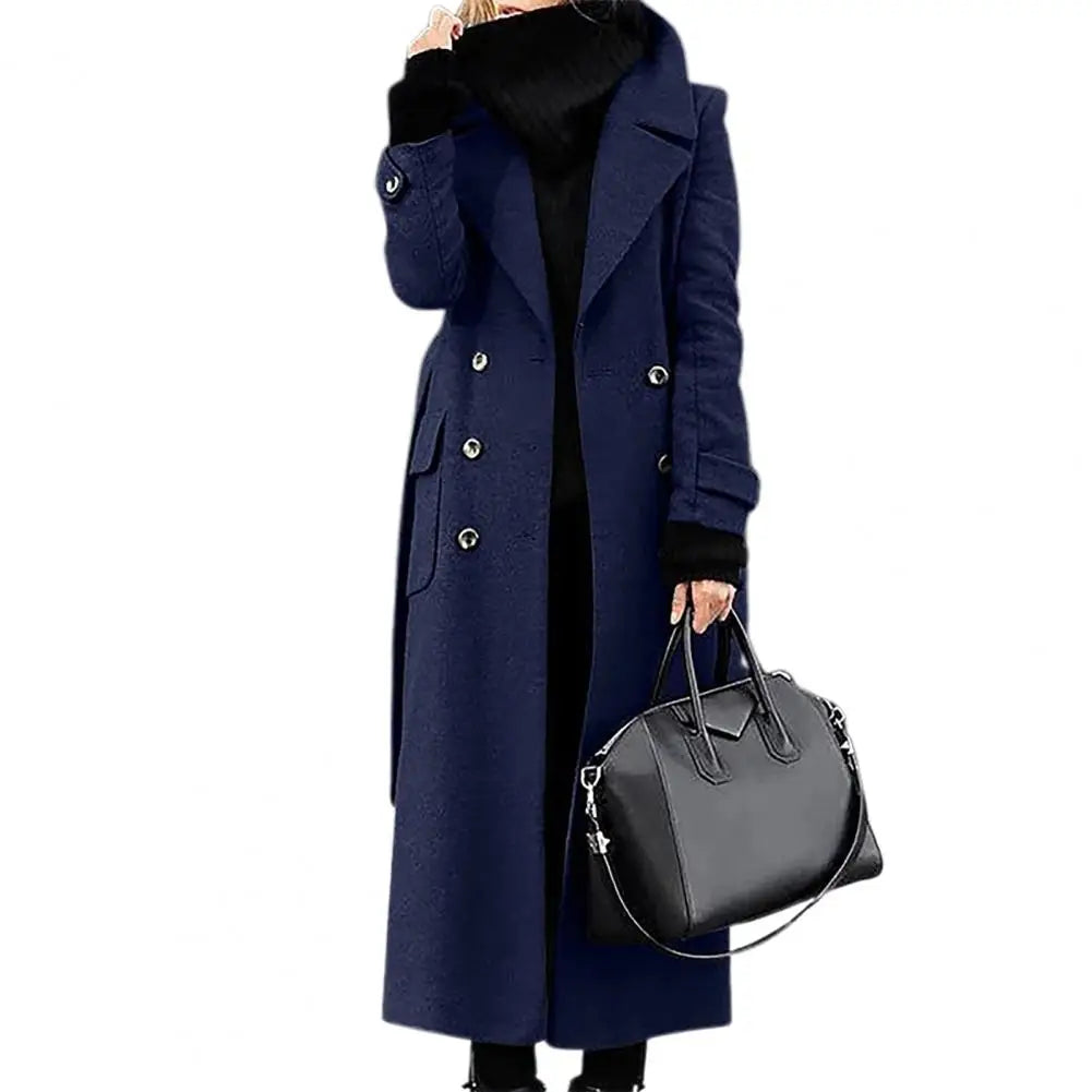 Women Woollen Overcoat Double-breasted Cardigan Mid-calf Length Long Sleeves Jacket Slim OL Formal Coat
