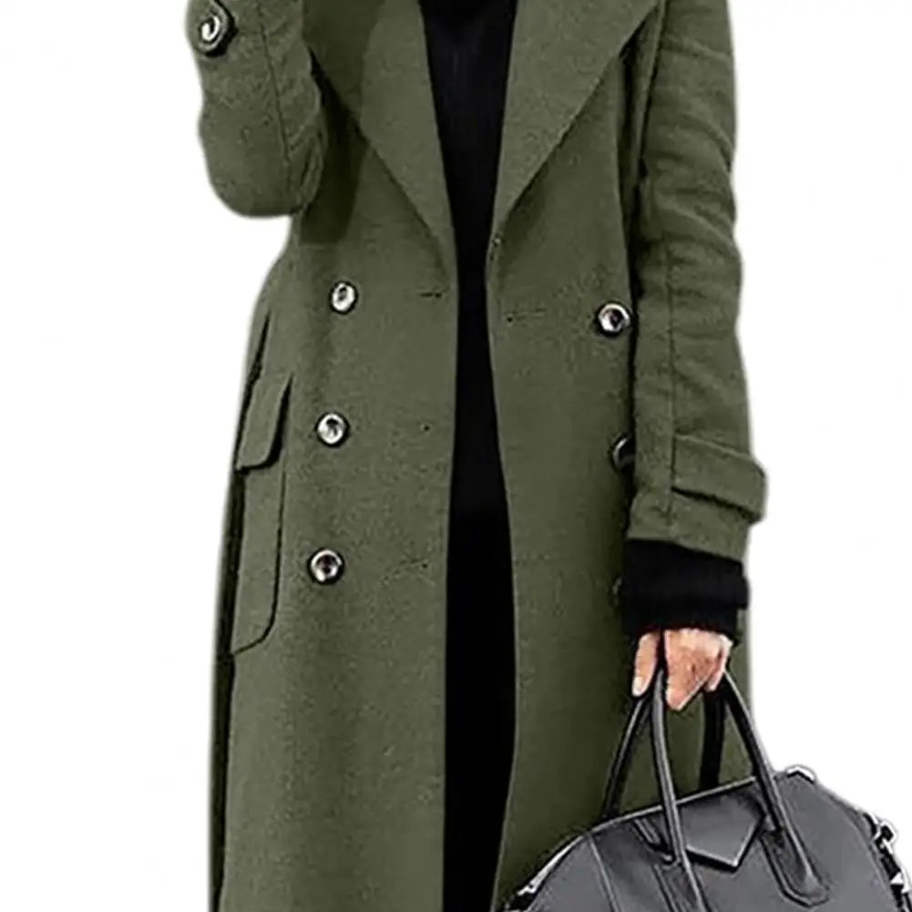 Women Woollen Overcoat Double-breasted Cardigan Mid-calf Length Long Sleeves Jacket Slim OL Formal Coat