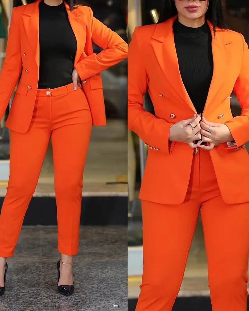 Sets for Women 2 Pieces Autumn Fashion Notched Neck Long Sleeve Blazer & Elegant High Waist Work Pants Set Office Lady