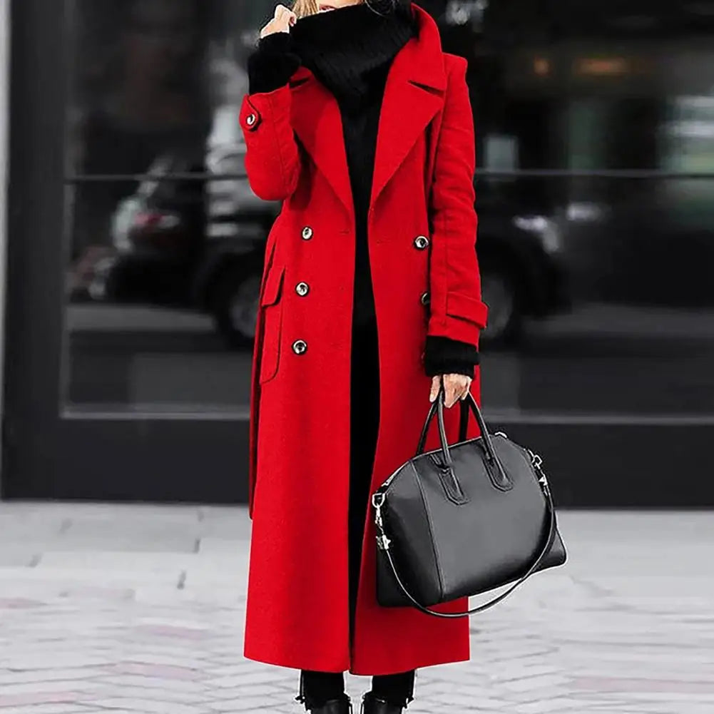 Women Woollen Overcoat Double-breasted Cardigan Mid-calf Length Long Sleeves Jacket Slim OL Formal Coat