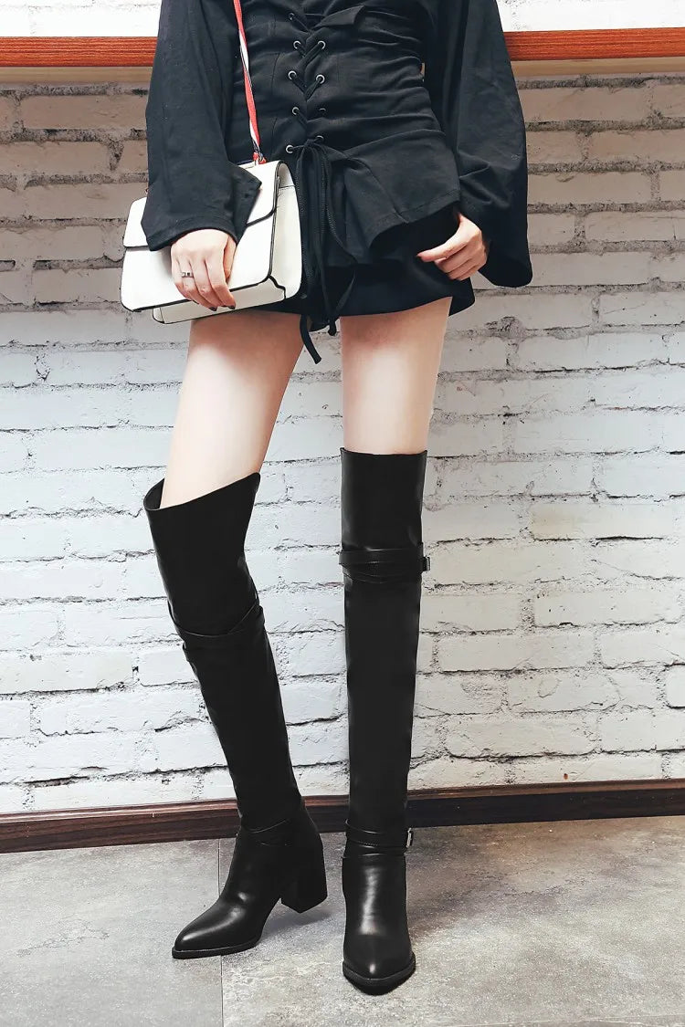 Fashion Knee High Boots Women Winter Boots Chunky Low Heel Long Boots Square Toe Buckle Autumn Female Thigh Black White 2025