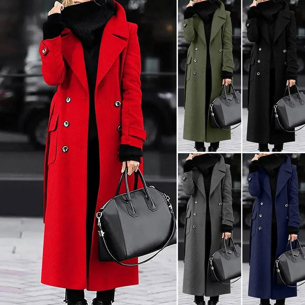 Women Woollen Overcoat Double-breasted Cardigan Mid-calf Length Long Sleeves Jacket Slim OL Formal Coat