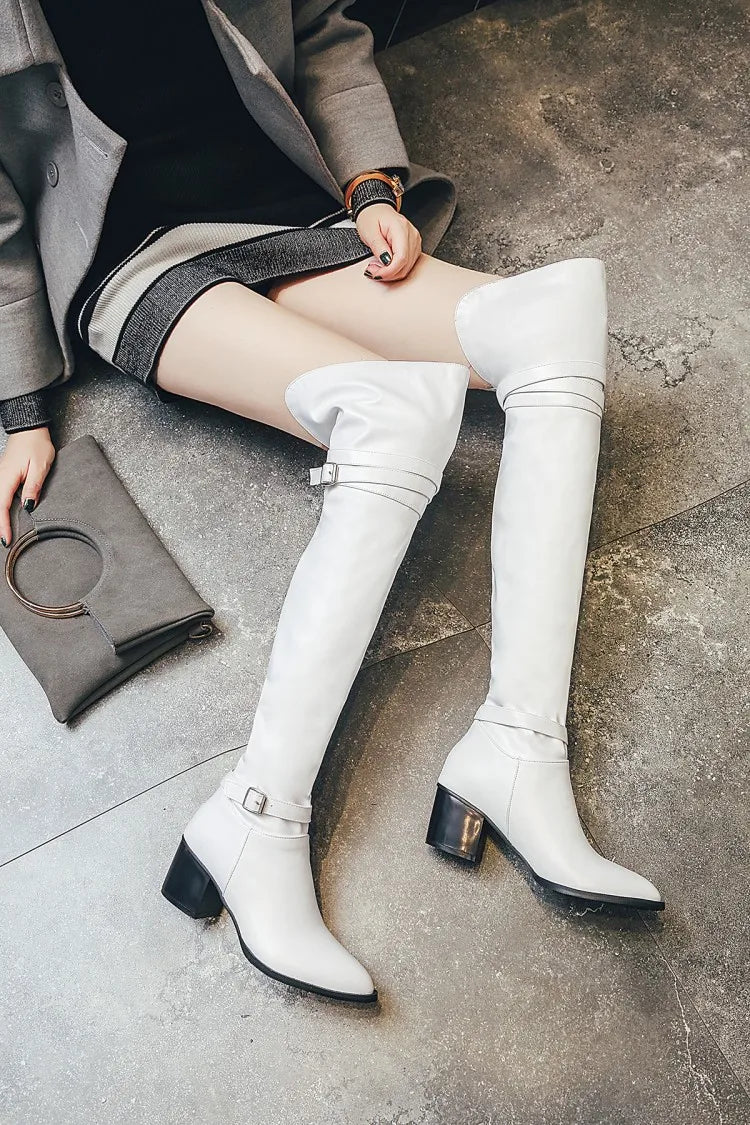 Fashion Knee High Boots Women Winter Boots Chunky Low Heel Long Boots Square Toe Buckle Autumn Female Thigh Black White 2025