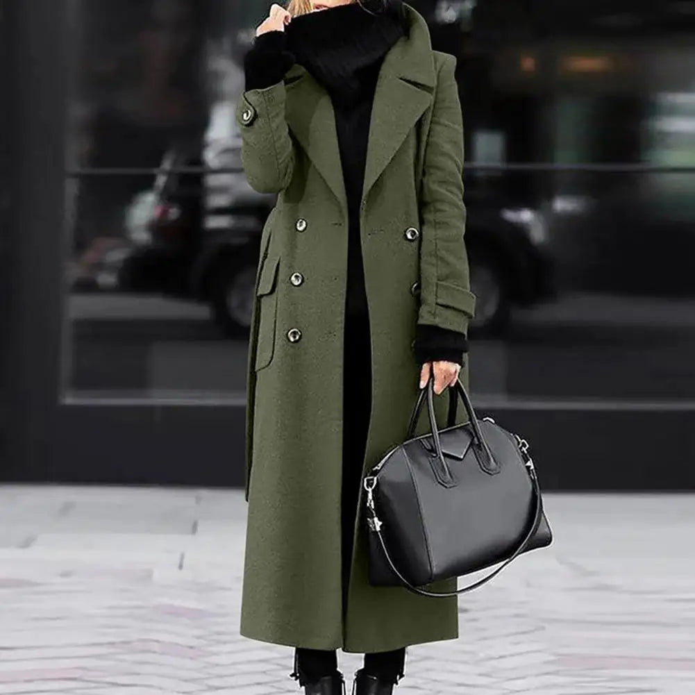 Women Woollen Overcoat Double-breasted Cardigan Mid-calf Length Long Sleeves Jacket Slim OL Formal Coat