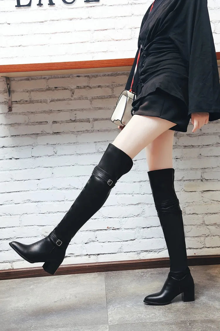 Fashion Knee High Boots Women Winter Boots Chunky Low Heel Long Boots Square Toe Buckle Autumn Female Thigh Black White 2025