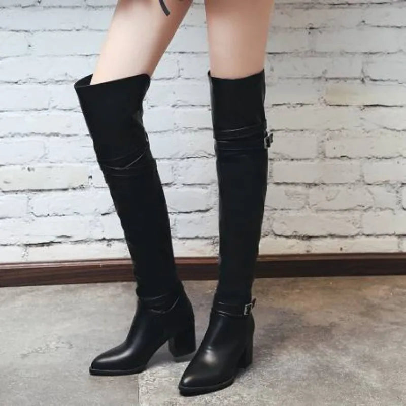 Fashion Knee High Boots Women Winter Boots Chunky Low Heel Long Boots Square Toe Buckle Autumn Female Thigh Black White 2025
