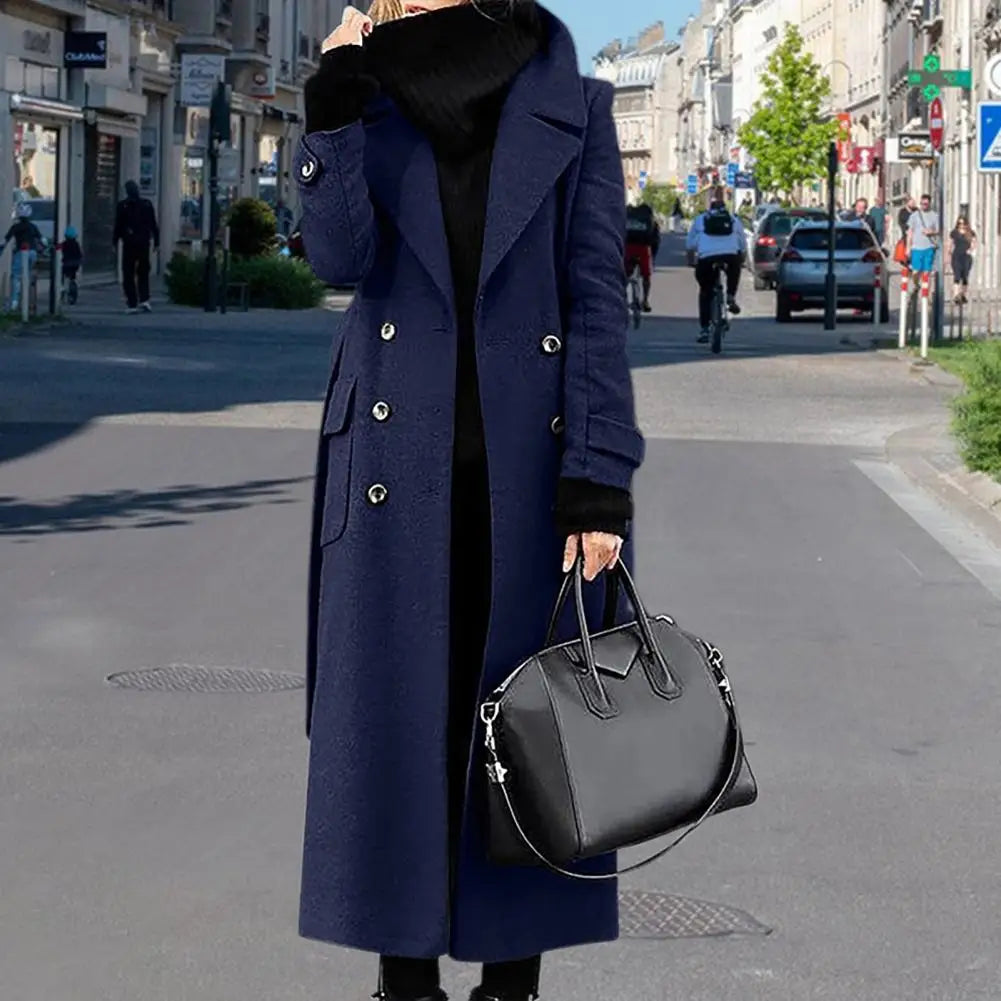 Women Woollen Overcoat Double-breasted Cardigan Mid-calf Length Long Sleeves Jacket Slim OL Formal Coat